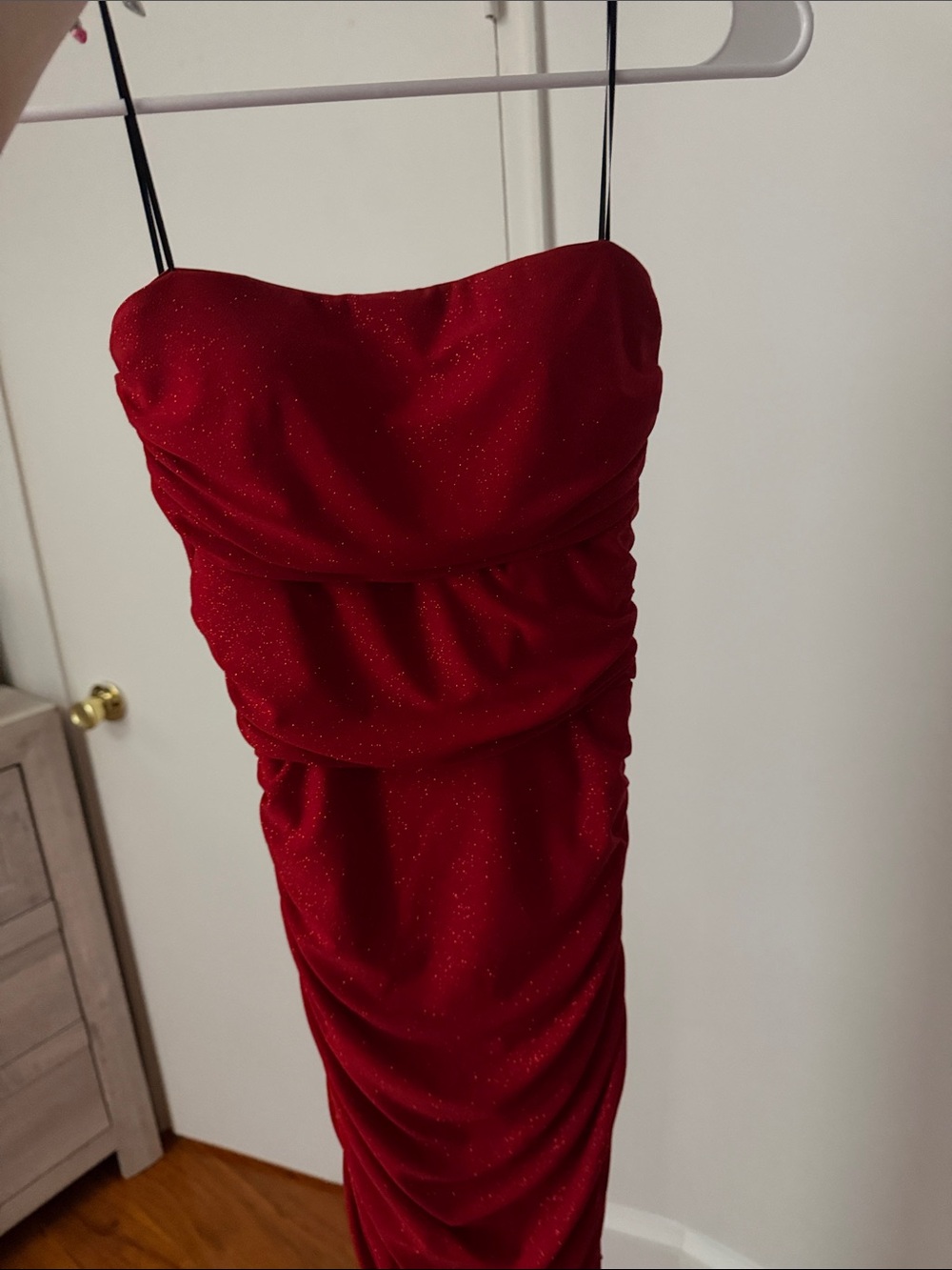 Strapless Red Sparkle Ruched hoco Dress